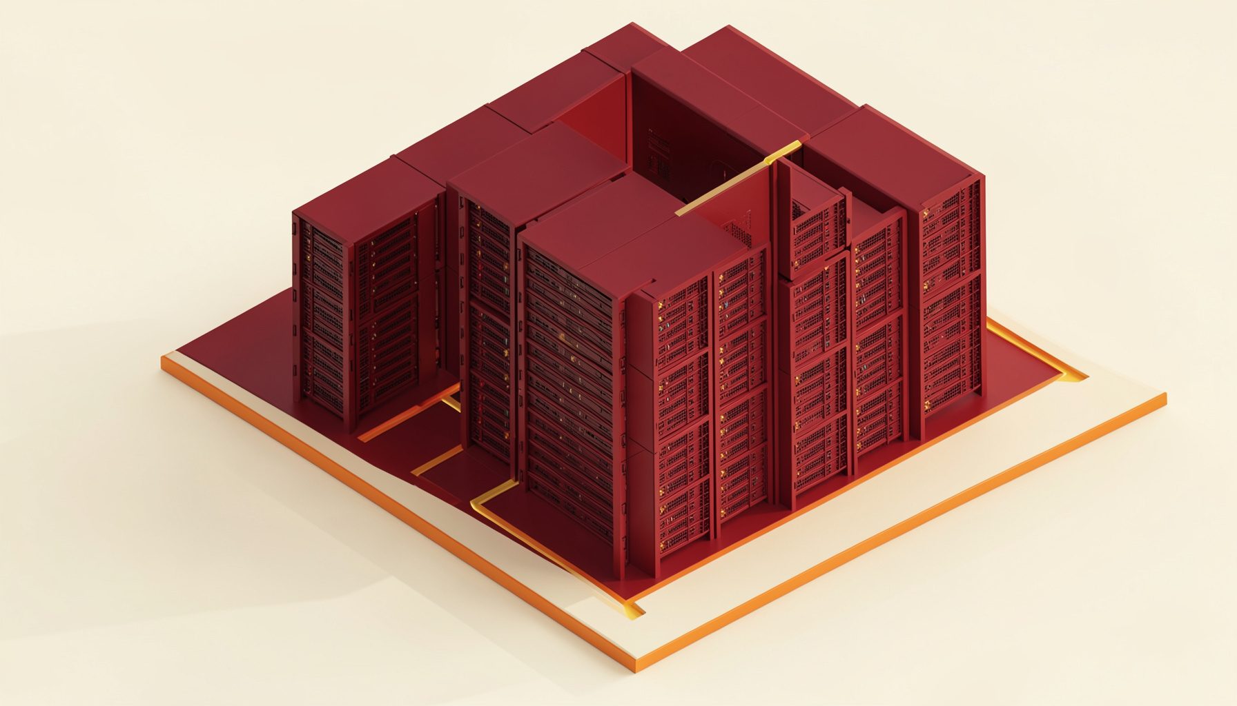 Isometric 3D render of stacked server racks and migration pathways in deep maroon and warm gold tones, soft cream shadows, technical and orderly mood